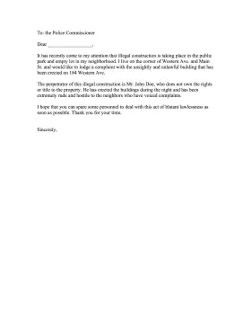 Illegal Construction Complaint Letter Letter of Complaint