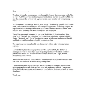 Aggressive Mall Vendors Complaint Letter Letter of Complaint