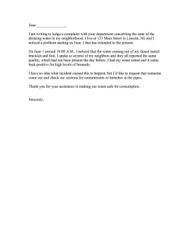 Drinking Water Complaint Letter Letter of Complaint