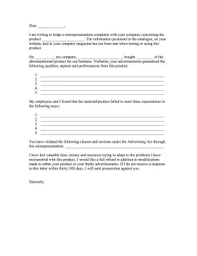 Misrepresentation Complaint Letter Letter of Complaint