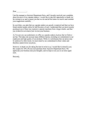 Price Complaint Letter Response Letter of Complaint