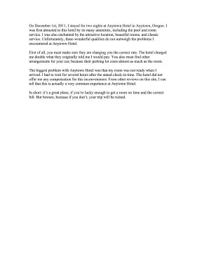 Yelp Hotel Complaint Comment Letter of Complaint